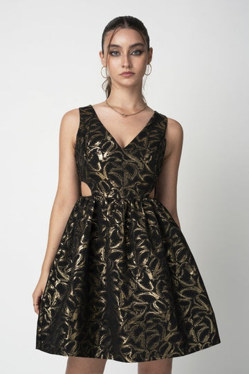 Gold Jacquard Cut Out Skater Dress Double Second
